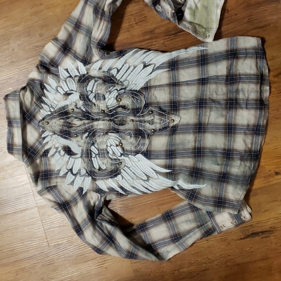 Roar angel wing embroidered  shirt tan grey plaid - Picture 3 of 7